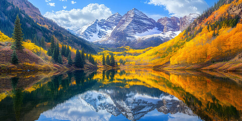 Obraz premium a serene mountain lake, surrounded by majestic peaks under a clear blue sky.