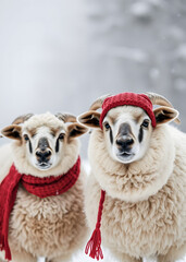 Two sheep in red knitted scarf and hat on snowy ground. Sheep in winter clothes against blurred winter landscape. Wildlife scene. Christmas banner, card or poster with empty space for text.