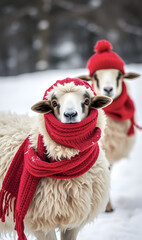 Two sheep in red knitted scarf and hat on snowy ground. Sheep in winter clothes against blurred winter landscape. Wildlife scene. Christmas banner, card or poster with empty space for text.