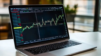A laptop with a cryptocurrency trading chart open on the screen, showing market trends and analysis, representing financial technology and crypto trading.