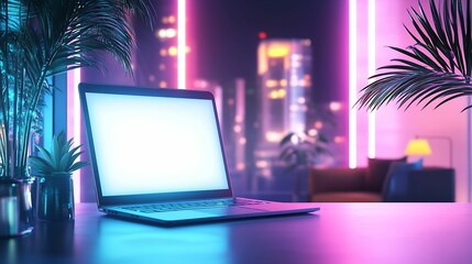A laptop with a blank screen sits on a desk in a futuristic workspace, surrounded by neon lighting and tropical plants, creating a vibrant, modern atmosphere.