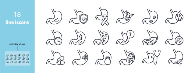 Fototapeta premium Stomach line icon set. Gastrointestinal problems and diseases. Gastritis, ulcer, reflux, belching, heartburn, bloating, diarrhea, constipation, pain vector illustration. Editable Strokes