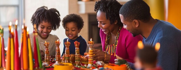 Family gathered around a table celebrating Kwanzaa, with kinara and traditional decorations