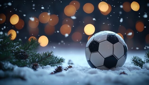 A soccer ball rests on a snowy ground, surrounded by pine branches, with blurred lights in the background, creating a festive atmosphere.