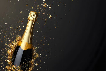 A realistic champagne bottle with gold foil, popping and spilling bubbly liquid in celebration