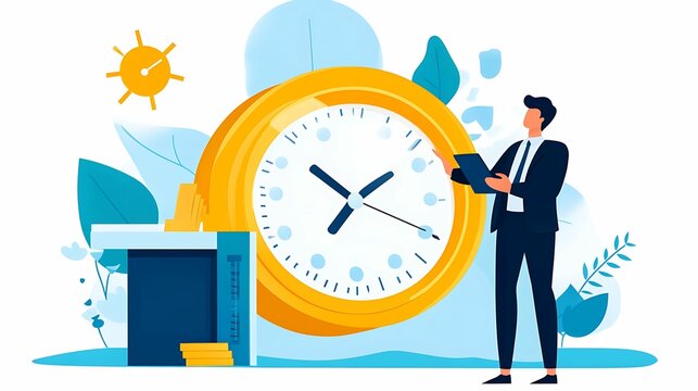 A digital illustration of a businessman standing next to a large clock, symbolizing time management, productivity, and efficient work habits in business.