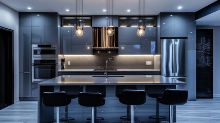 Gorgeous Modern Grey Kitchen with Stainless Steel Appliances in a Luxurious Apartment