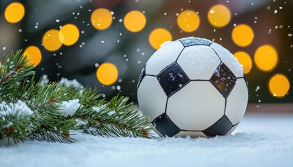 Fototapeta premium A soccer ball resting on a snowy surface, adorned with pine branches and surrounded by soft, glowing lights, evoking a festive winter atmosphere.