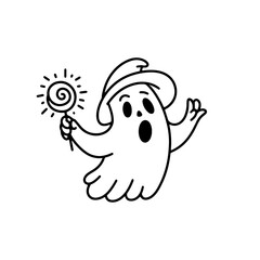 Cute poltergeist with lollipop and witch hat. Halloween doodle ghost. Trick or Treat. Vector outline illustration. For kids coloring book.