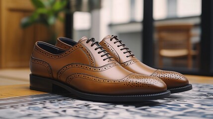 Pair of stylish brown leather shoes sitting on table - Powered by Adobe