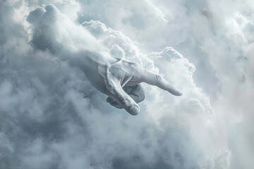 clouds surrounding gods hand pointing down to earth, divine interaction, dreamy atmosphere, fantasy, photorealistic