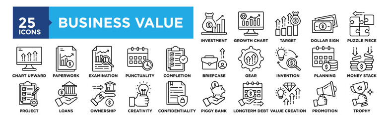 Business Value icon collection set. Containing design business, value, strategy, growth, management