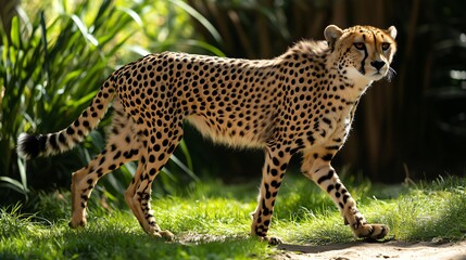 Fototapeta premium Cheetah walking through grass in the sunshine