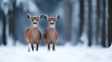 Obraz premium Deer standing still in a snow-blanketed woodland, their breath visible in the frosty air as they blend into the peaceful winter scene 