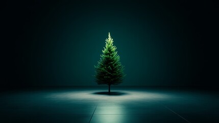 Dimly lit room with a small, undecorated Christmas tree in the corner, a single strand of lights casting a faint glow on a dark, cold night 