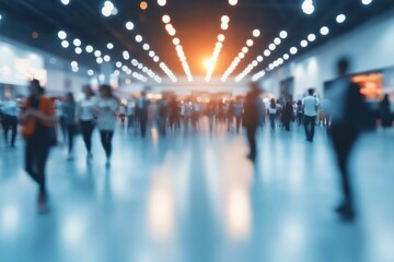 Abstract blurred people in event exhibition showroom. Business convention trade show or job fair. Business concept background