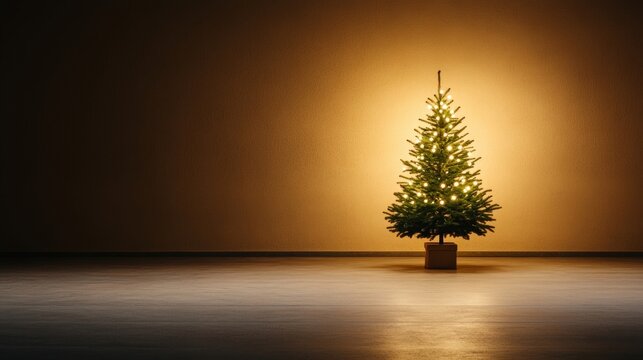 Dimly lit room with a small, undecorated Christmas tree in the corner, a single strand of lights casting a faint glow on a dark, cold night 