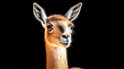 Obraz premium Close-up portrait of a curious and gentle-looking llama with large ears, brown fur, and dark eyes against a black background.