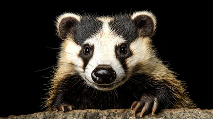 Close-up portrait of a European badger with black background.