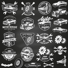 Set of auto service logo, emblems, badges and icons on the chalkboard. Vector. Service car repair, restoration and car club design elements.