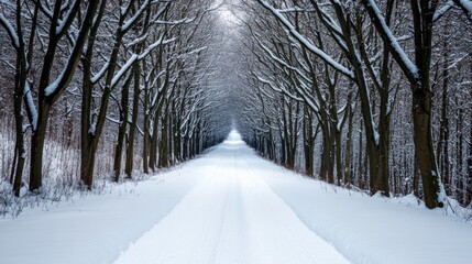 Obraz premium Icy, crystalline branches of trees arching over a narrow snow-covered trail deep within a tranquil winter forest 