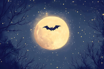 Fototapeta premium A playful illustration of a bat flying above a full moon, with tiny stars twinkling in the sky