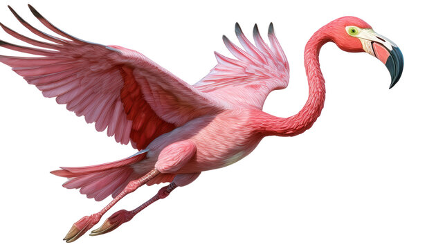 Pink flamingo flying gracefully in a vibrant display of wings. transparent background