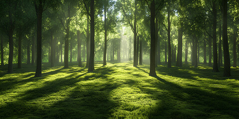 Obraz premium a serene forest scene with a path leading through a canopy of trees, illuminated by sunlight filtering through the gaps in the tree canopy.