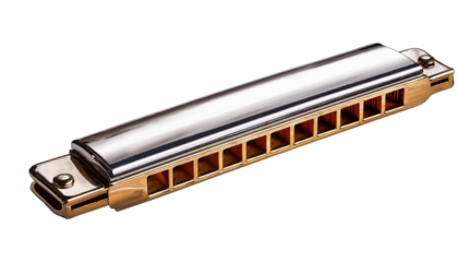Harmonica with shiny metal body and wooden mouthpiece on a white isolated background. transparent background
