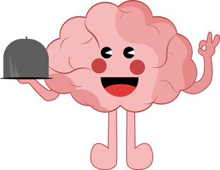 cute brain cartoon holding a plate on the right hand, perfect to sticker mascot logo