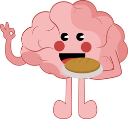 Cute chef brain cartoom inn uniform character holding a cake food restaurant logo cartoon art illustration perfect to sticker, mascot, coof, sticker, brain character, brain cartoon, 