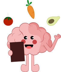 cute brain character healthy food, Nutrition therapy with healthy food and physical activity. Vector illustration in brain cartoon style, Cute Nutritionist Illustration

