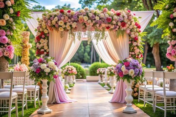 Elegant Wedding Ceremony Floral Decor with Vibrant Arrangements and Copy Space for Invitations and Announcements in Romantic Setting
