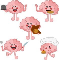 Brain Characters set of  cooks cartoon mascots vector, Set of chef brain characters with different accessories