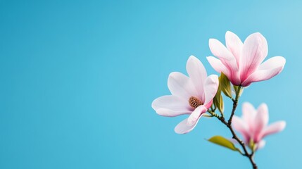 Obraz premium Soft-focus macro shot of a blooming magnolia flower, showing its delicate white and pink petals against a bright sky 