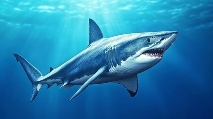Fototapeta premium Great white shark swimming in clear ocean waters, highlighting its powerful form.