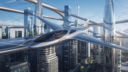 Futuristic Jetliner Over a City with Sky Bridges