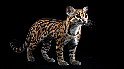 Fototapeta premium A beautiful ocelot with a black background.