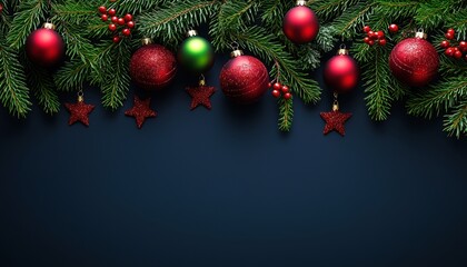 A festive arrangement of Christmas ornaments and greenery, perfect for holiday decorations.