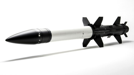 A black and white missile with four fins on a white background.