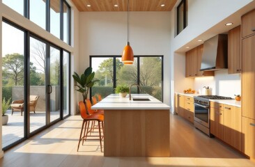 the interior of a modern kitchen with a high ceiling on a sunny day