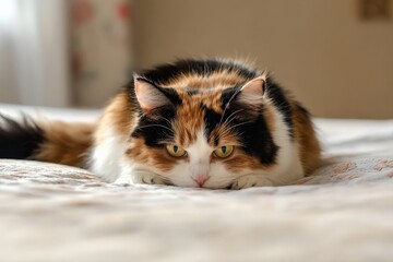 Wagging Tail. Angry Calico Cat Lying Down on Edge of Bed