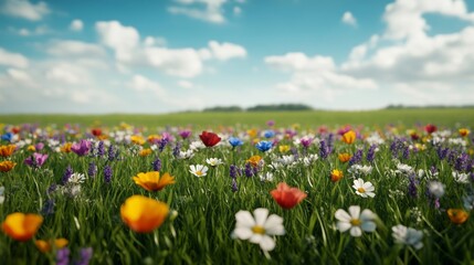 Obraz premium Wide shot of a wildflower meadow with an array of colors, including poppies, daisies, and lavender, gently swaying in a light spring breeze 