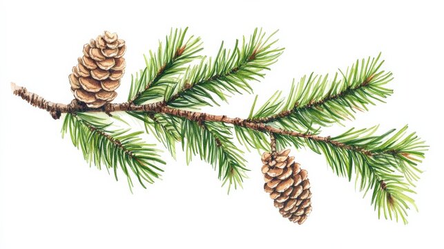 Cedar Branch. Green Coniferous Tree Twig with Cones on White Background