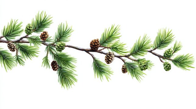 Cedar Branch. Firry Twig with Green Cones on White Background