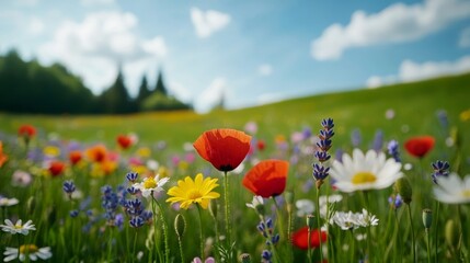 Naklejka premium Wide shot of a wildflower meadow with an array of colors, including poppies, daisies, and lavender, gently swaying in a light spring breeze 