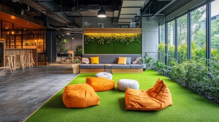 In a contemporary office, a creative area coworking space with chairs and cushions on artificial grass