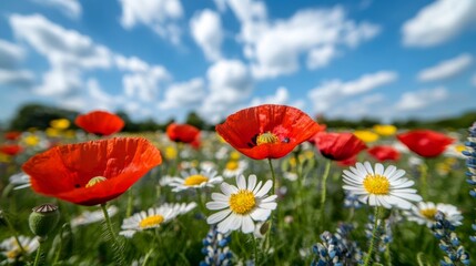 Fototapeta premium Wide-angle shot of a blooming field of wildflowers, including poppies, daisies, and lupines, with a bright blue sky and fluffy clouds above 