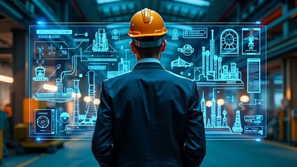 Engineer with Futuristic Holographic Schematics