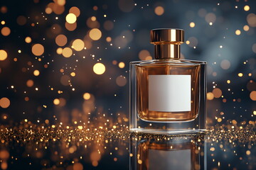 A mockup of perfume bottle with white label with gold accents, design layout, shopping and sales